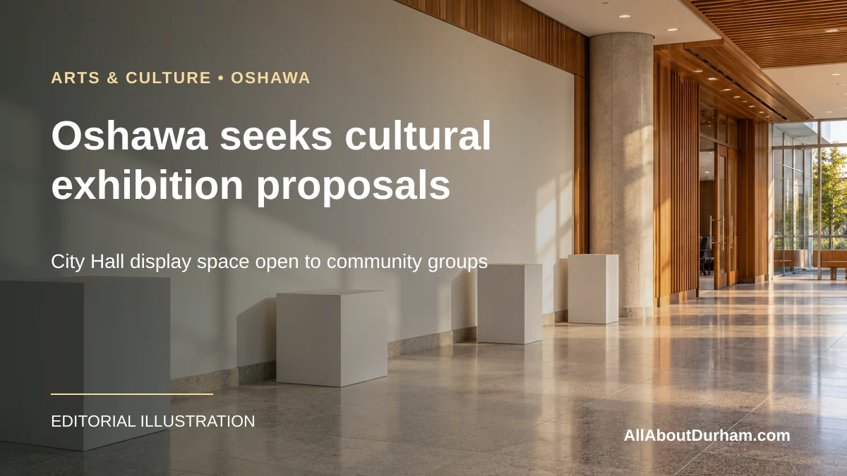 Conceptual municipal gallery corridor with an empty exhibition wall and plinths, illustrating Oshawa’s call for cultural exhibition proposals.