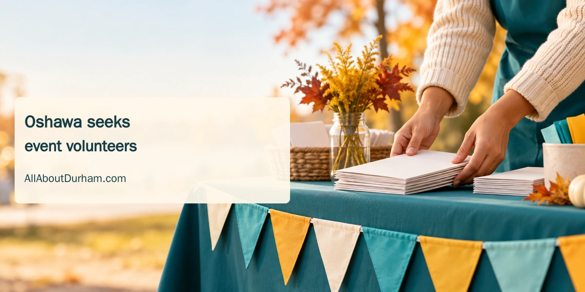 Original editorial illustration of hands preparing a community-event welcome table with bunting; not a photograph of an Oshawa event.