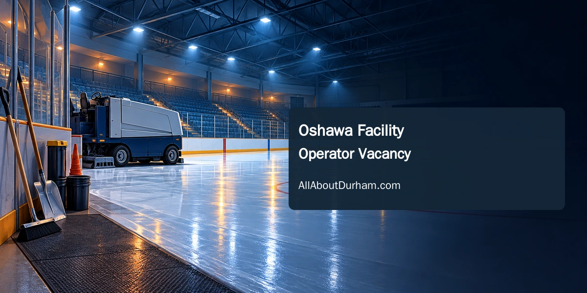 Original editorial illustration of an empty generic ice rink and unbranded resurfacing machine, representing municipal facility-operator work in Oshawa.