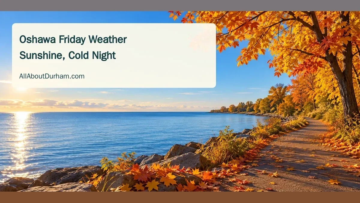 Conceptual editorial illustration of an autumn lakeside under clear skies, representing the forecast; not documentary photography or a live weather observation.