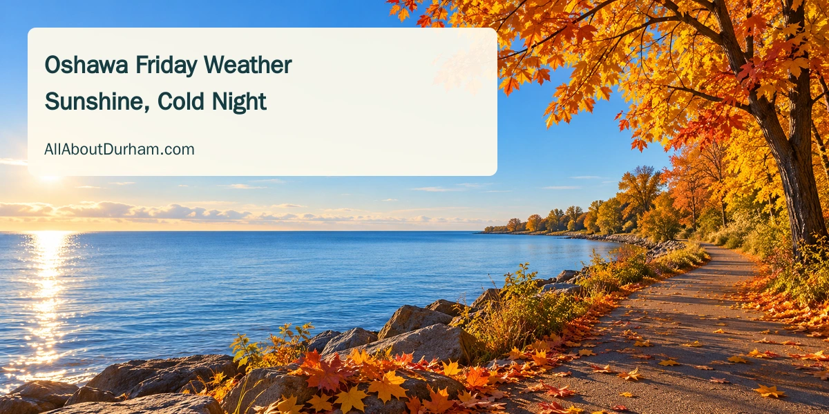 Original conceptual illustration of an autumn lakeside path and clear morning sky, representing Oshawa’s sunny forecast; not documentary photography.