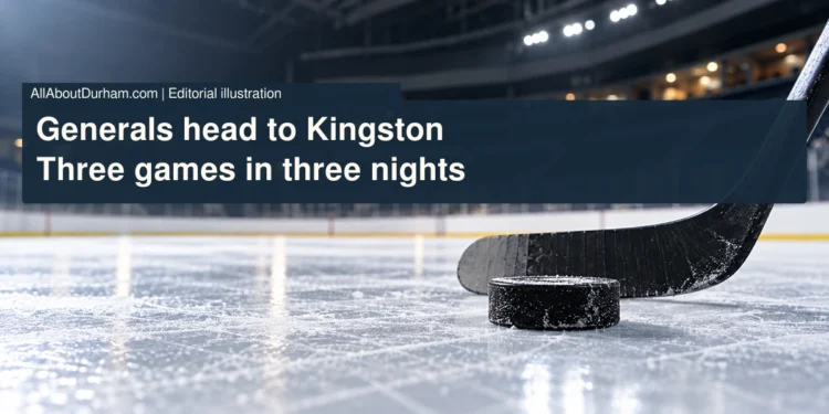 Editorial illustration: a puck and plain hockey stick on empty unbranded arena ice.
