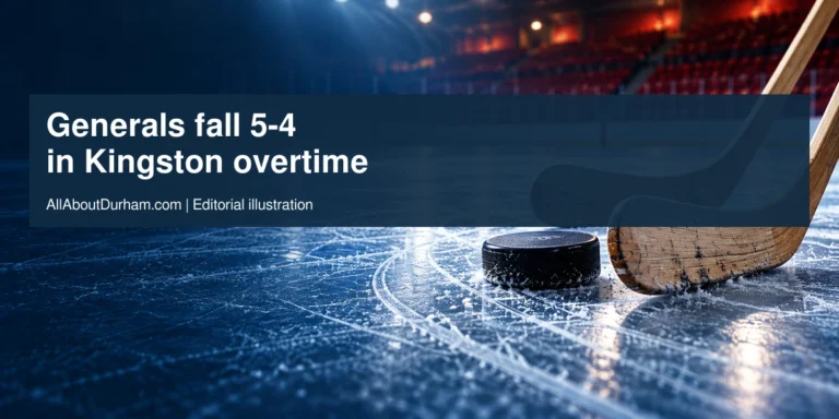 Original editorial illustration of a hockey puck and sticks on rink ice; not a photograph of the Oshawa-Kingston game.
