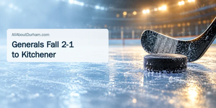 Original editorial illustration of a hockey puck and stick on arena ice, with a headline about Oshawa’s 2-1 loss; not a photograph of the game.