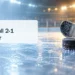 Original editorial illustration of a hockey puck and stick on arena ice, with a headline about Oshawa’s 2-1 loss; not a photograph of the game.