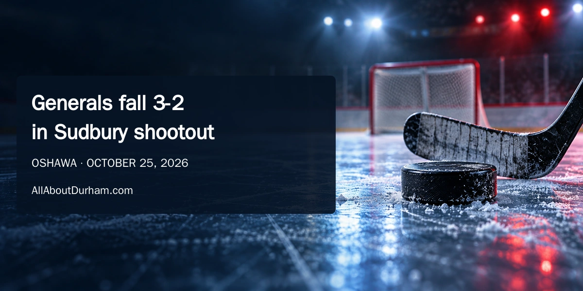 Original editorial illustration of a hockey puck and stick on a generic ice rink, not a photograph of the Oshawa–Sudbury game.