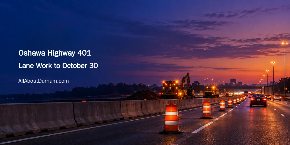 Conceptual editorial illustration of an open highway lane beside maintenance cones at dusk; not a photograph of an Oshawa work zone.