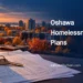 Original conceptual editorial illustration of a wooden house model and key on planning papers, representing Oshawa housing proposals.