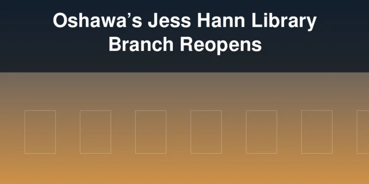 Illustration of a library entrance with the headline Oshawa’s Jess Hann Library Branch Reopens