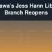 Illustration of a library entrance with the headline Oshawa’s Jess Hann Library Branch Reopens