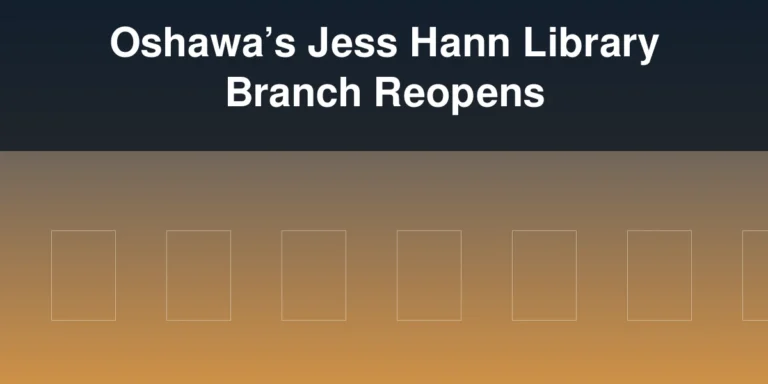 Illustration of a library entrance with the headline Oshawa’s Jess Hann Library Branch Reopens