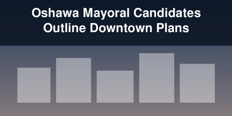 Illustration of downtown buildings with the headline Oshawa Mayoral Candidates Outline Downtown Plans