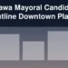 Illustration of downtown buildings with the headline Oshawa Mayoral Candidates Outline Downtown Plans