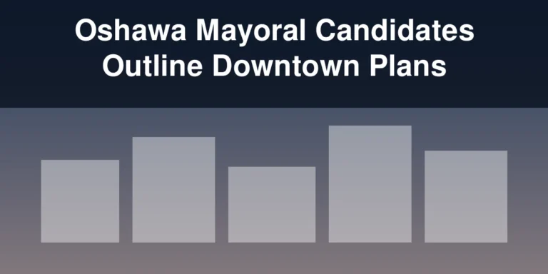 Illustration of downtown buildings with the headline Oshawa Mayoral Candidates Outline Downtown Plans