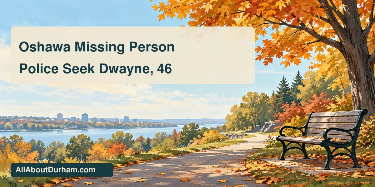 Conceptual editorial illustration of an empty bench beside an autumn neighbourhood path; not an actual last-seen location or a depiction of Dwayne.