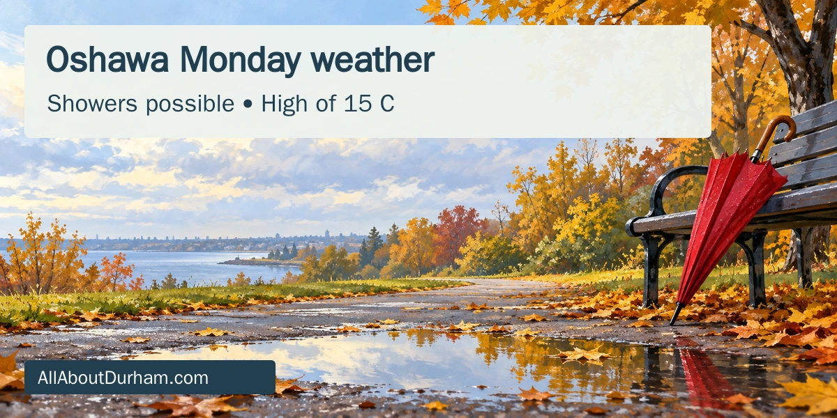 Original conceptual weather illustration of an autumn park path, puddle and umbrella under cloudy skies; not a photograph of current Oshawa conditions.