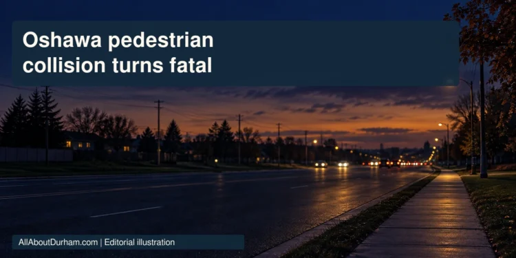 Conceptual editorial illustration of a quiet road at dusk; not a photograph of the Oshawa collision.
