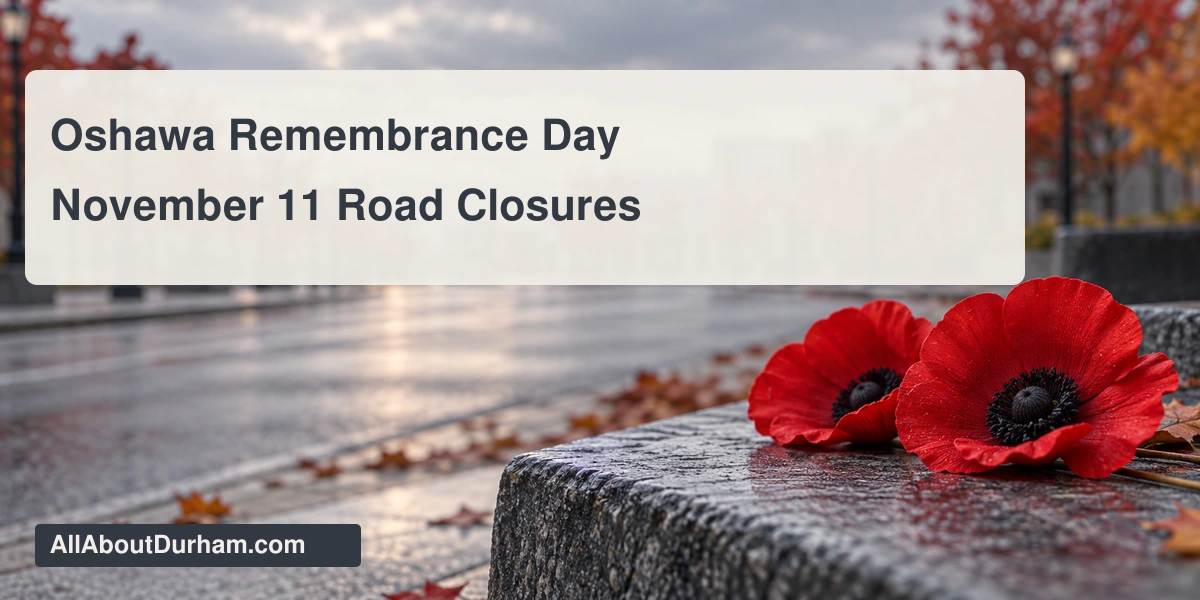 Original editorial illustration of red poppies beside a generic road; not a photograph of Oshawa’s parade or streets.