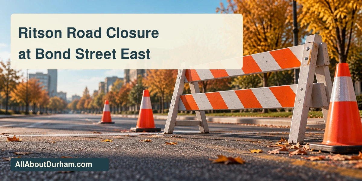 Conceptual editorial illustration of a barricade and cones on a generic autumn street, not the actual Oshawa collision scene.