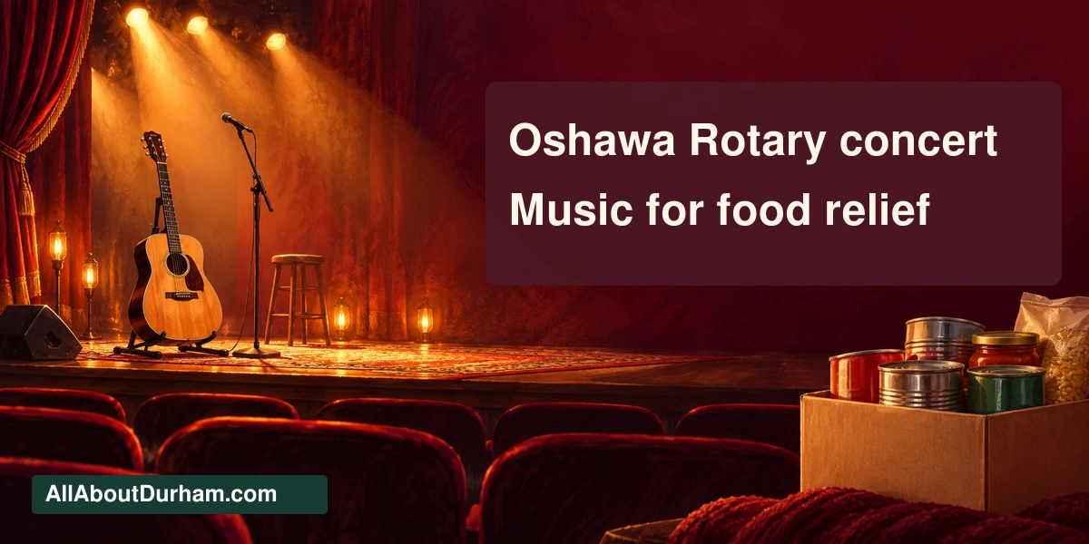 Original conceptual editorial illustration of an acoustic guitar on a theatre stage and a plain box of food donations; not the actual venue or performers.