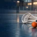 Original editorial illustration of lacrosse sticks and an orange ball on an indoor sports floor; not a photograph of the school tournament.