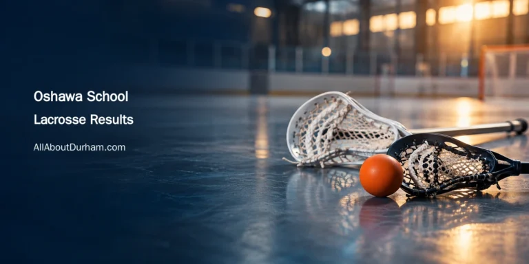 Original editorial illustration of lacrosse sticks and an orange ball on an indoor sports floor; not a photograph of the school tournament.