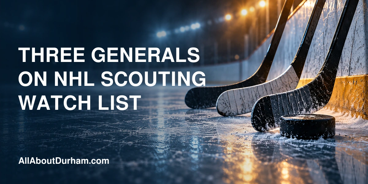 Conceptual editorial illustration of three unbranded hockey sticks and a puck beside an ice rink; not a photograph of Generals players.