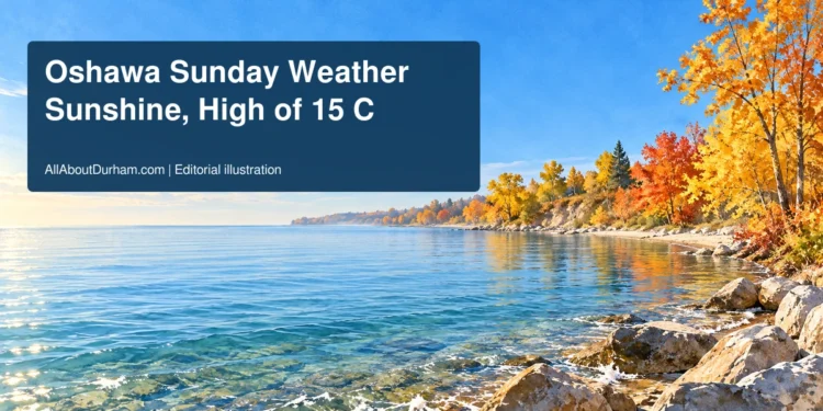 Original editorial illustration of a sunny Lake Ontario shoreline with autumn trees, representing the Oshawa Sunday weather forecast.