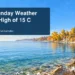 Original editorial illustration of a sunny Lake Ontario shoreline with autumn trees, representing the Oshawa Sunday weather forecast.