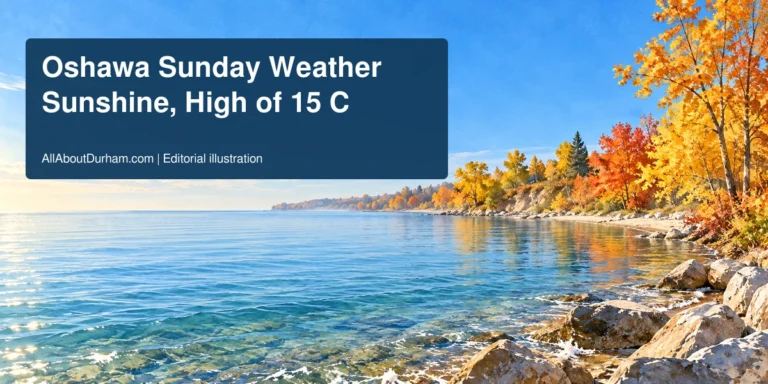Original editorial illustration of a sunny Lake Ontario shoreline with autumn trees, representing the Oshawa Sunday weather forecast.