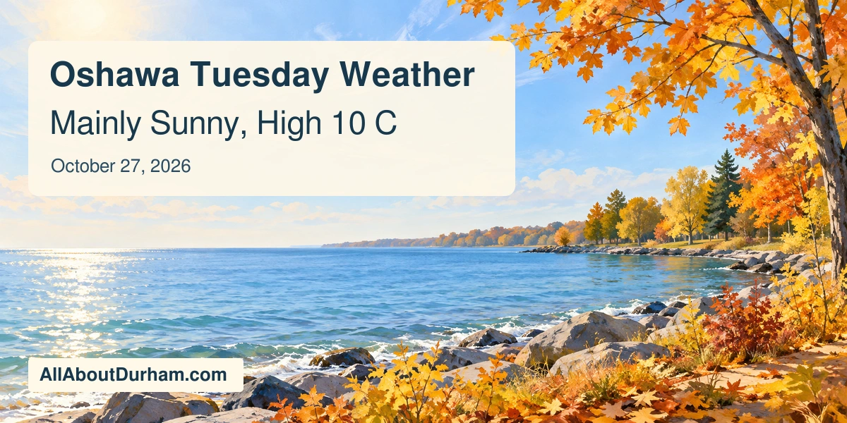 Original gouache-style editorial illustration of an autumn lakeshore under a sunny sky; not a photograph of Oshawa on October 27.