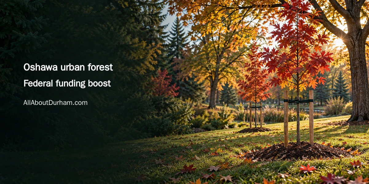 Original editorial illustration of young trees in an anonymous autumn park, representing Oshawa urban forest investment.