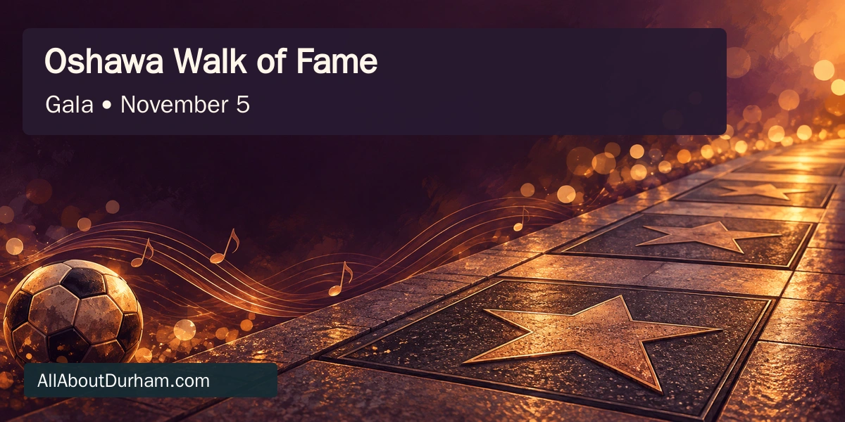 Original conceptual illustration of blank sidewalk plaques with a soccer ball, musical accents and warm celebration lights; not the actual Oshawa Walk of Fame.
