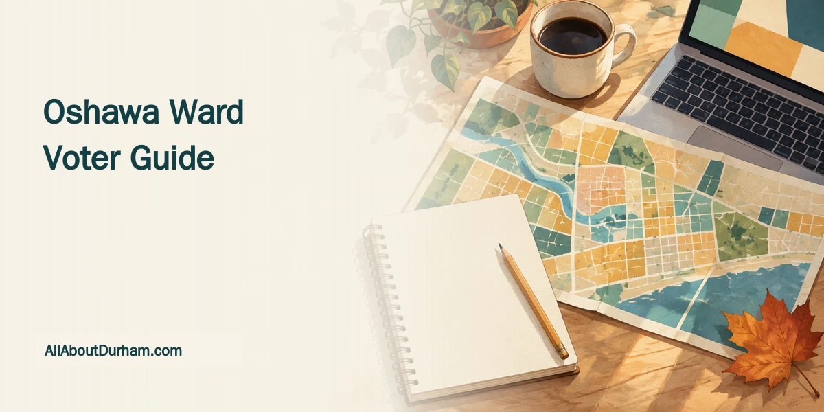 Original editorial illustration of a notebook, pencil and abstract neighbourhood map representing student election reporting; not an actual Oshawa ward map.