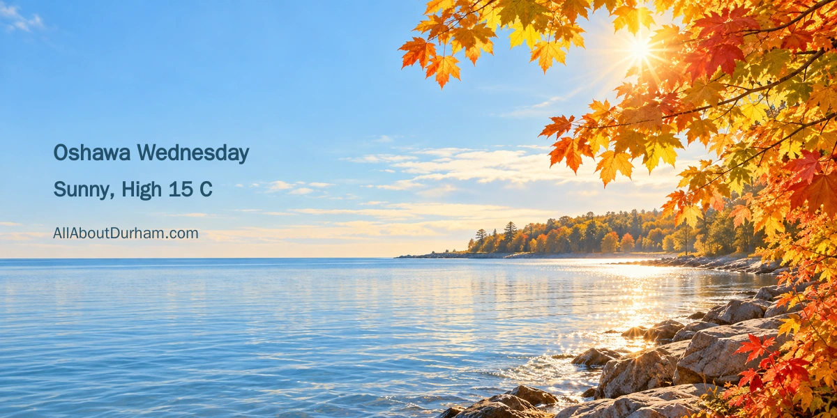 Conceptual editorial illustration of a sunny autumn lakeshore with golden leaves, representing the Oshawa October 21 forecast.