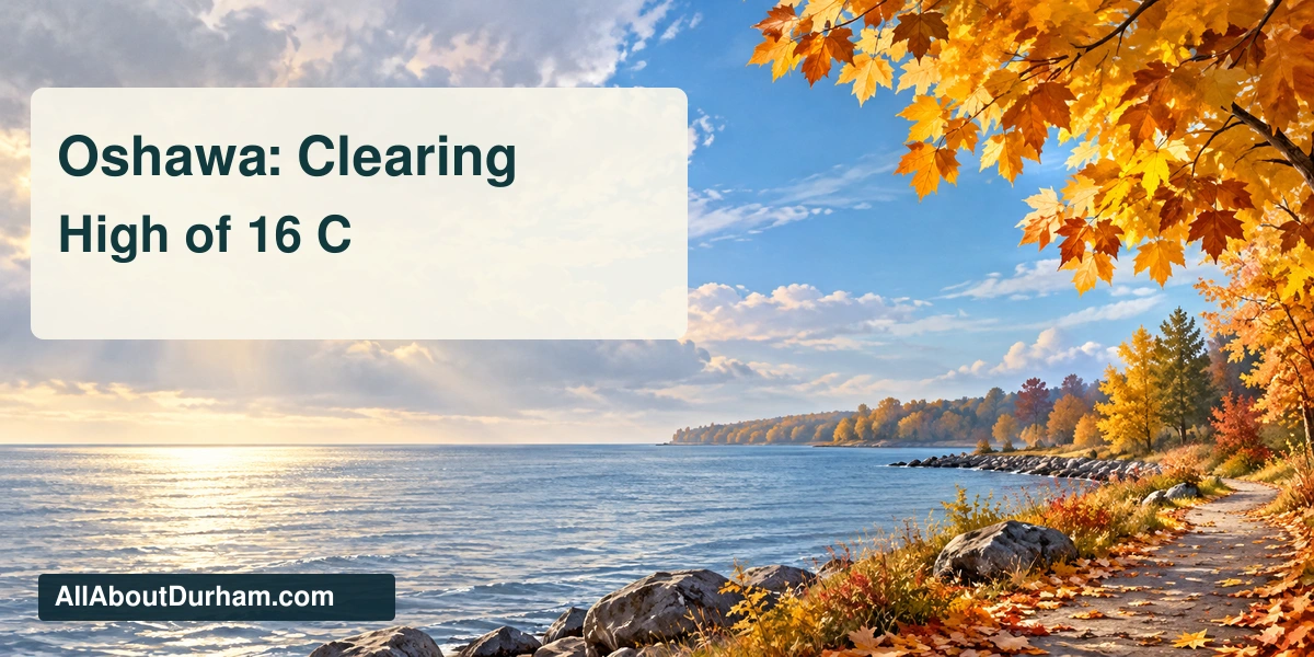 Original conceptual illustration of autumn leaves beside a generic Ontario lakeshore as clouds give way to blue sky; not a photograph of current Oshawa conditions.