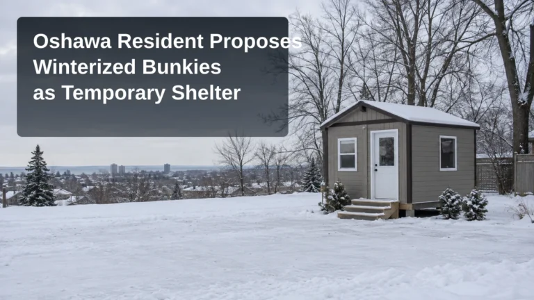Illustrative winter scene showing a small generic cabin-like shelter in a snowy Oshawa landscape