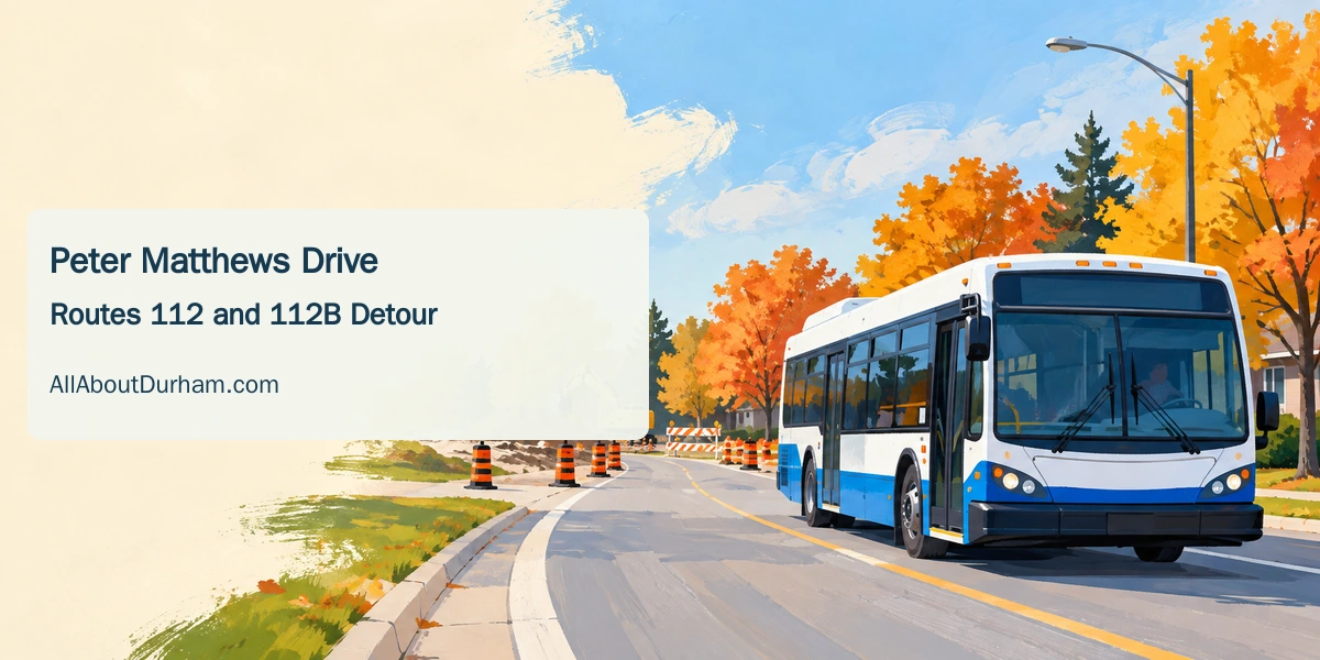 Conceptual editorial illustration of an unbranded transit bus near construction cones on an autumn suburban street.