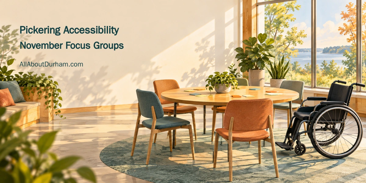 Original editorial illustration of an accessible community meeting space with a wheelchair and round table; not a photograph of a Pickering facility.