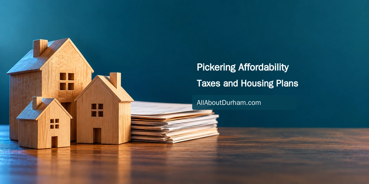 Conceptual editorial illustration of small wooden houses and household budget papers, representing Pickering affordability proposals.