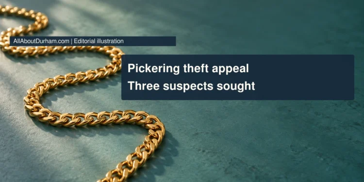 Editorial illustration: a plain gold chain on a teal surface, not the stolen necklace.