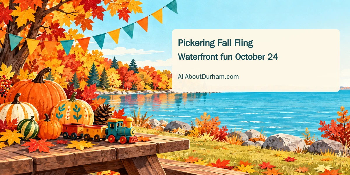 Original conceptual editorial illustration of pumpkins and a toy train beside an autumn lakeshore; not a photograph of Fall Fling or its rides.