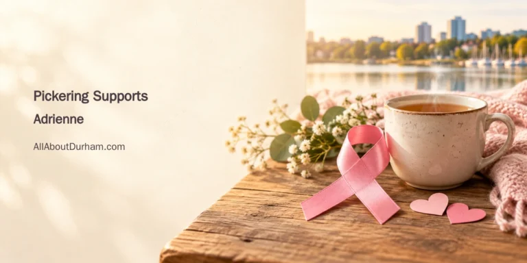 Original editorial still life of a pink ribbon, paper hearts and a tea cup, symbolizing community support; not a photograph of Adrienne Wilson.