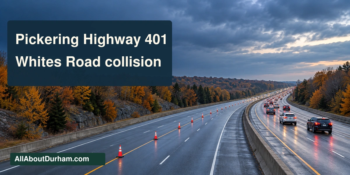 Original conceptual editorial illustration of slowed traffic and lane-control cones on a generic autumn highway; not a photograph of the Whites Road collision.