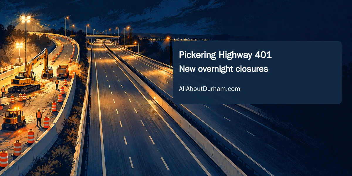 Original conceptual editorial illustration of a divided highway and a coned-off ramp at night; not a photograph or map of Pickering roadwork.