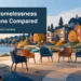 Original editorial illustration of small homes and discussion chairs representing Pickering housing policy choices.