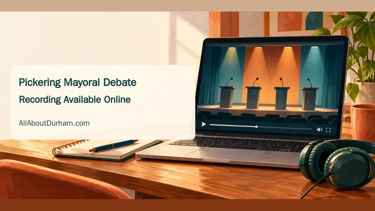 Conceptual editorial illustration of a laptop with an abstract debate stage and four empty microphone stands; not a photograph of candidates or the venue.