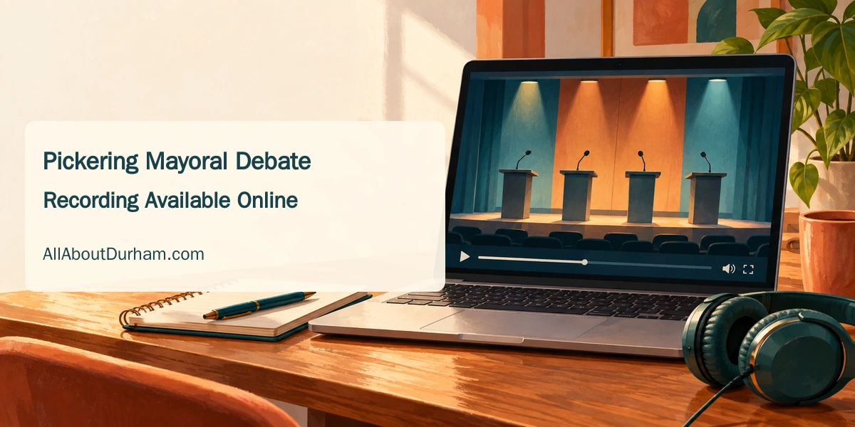 Original editorial illustration of a laptop showing an abstract debate stage with four empty microphone stands; not a photograph of candidates or the venue.
