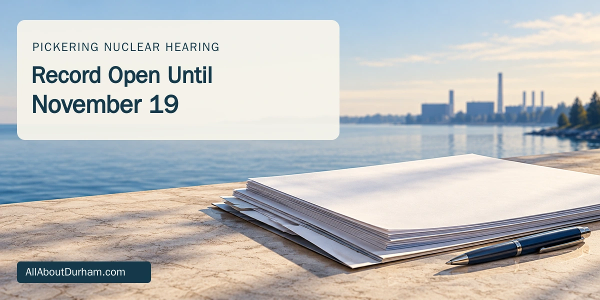 Original conceptual editorial illustration of blank hearing papers and a pen with an abstract lakeshore background, not an actual nuclear facility.