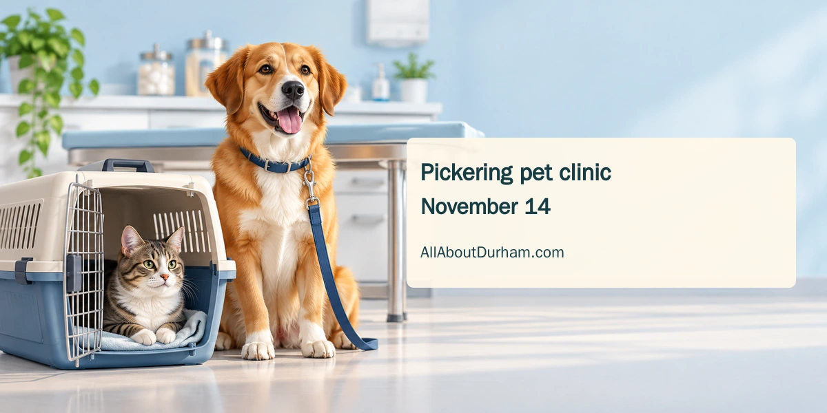 Original editorial illustration of a calm cat in a carrier and a leashed dog in a neutral veterinary setting; not a photograph of the Pickering clinic.